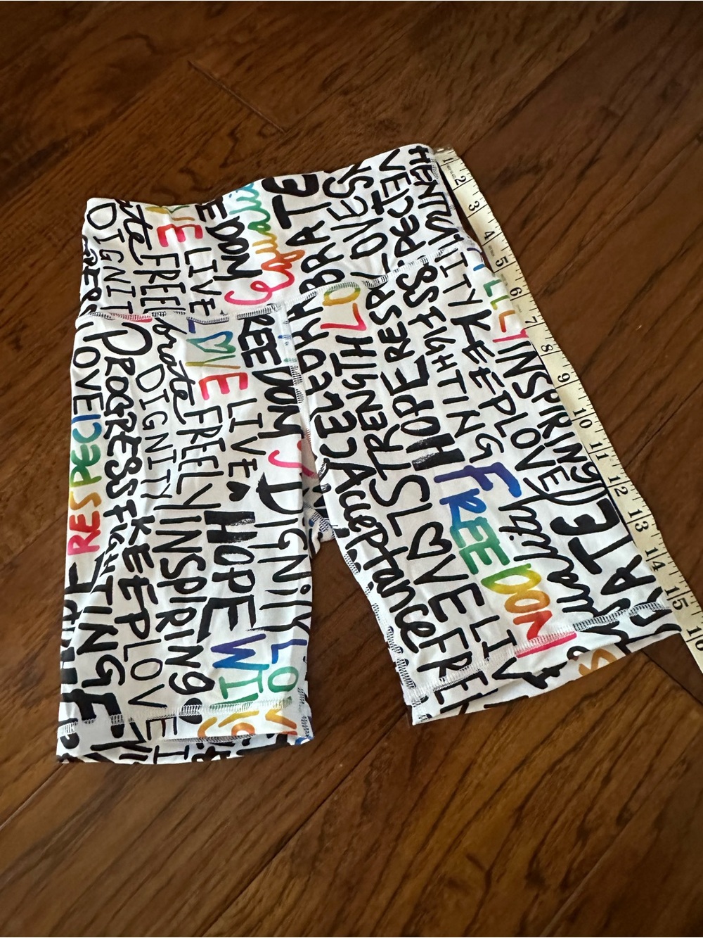 Athleta White Bike Shorts with Multicolor Script